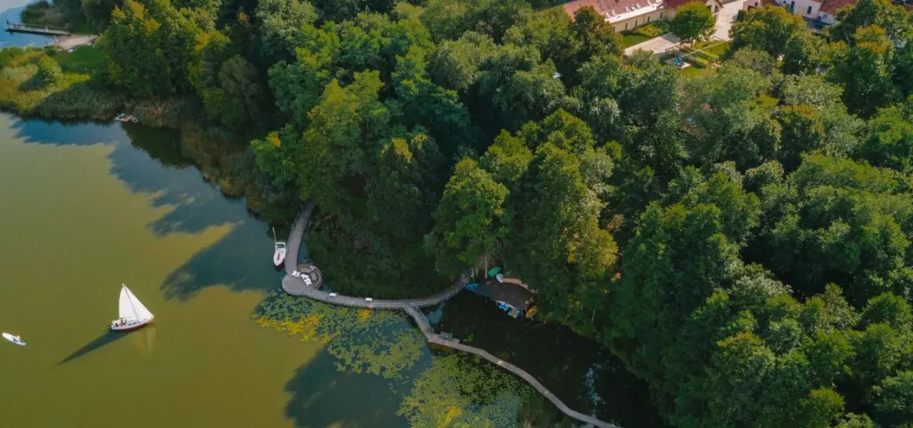 Drewniana kładka wije się wśród drzew, prowadząc do jeziora z żaglówką i paddleboardem. Idealne, fajne miejsca nad jeziorem na relaks.