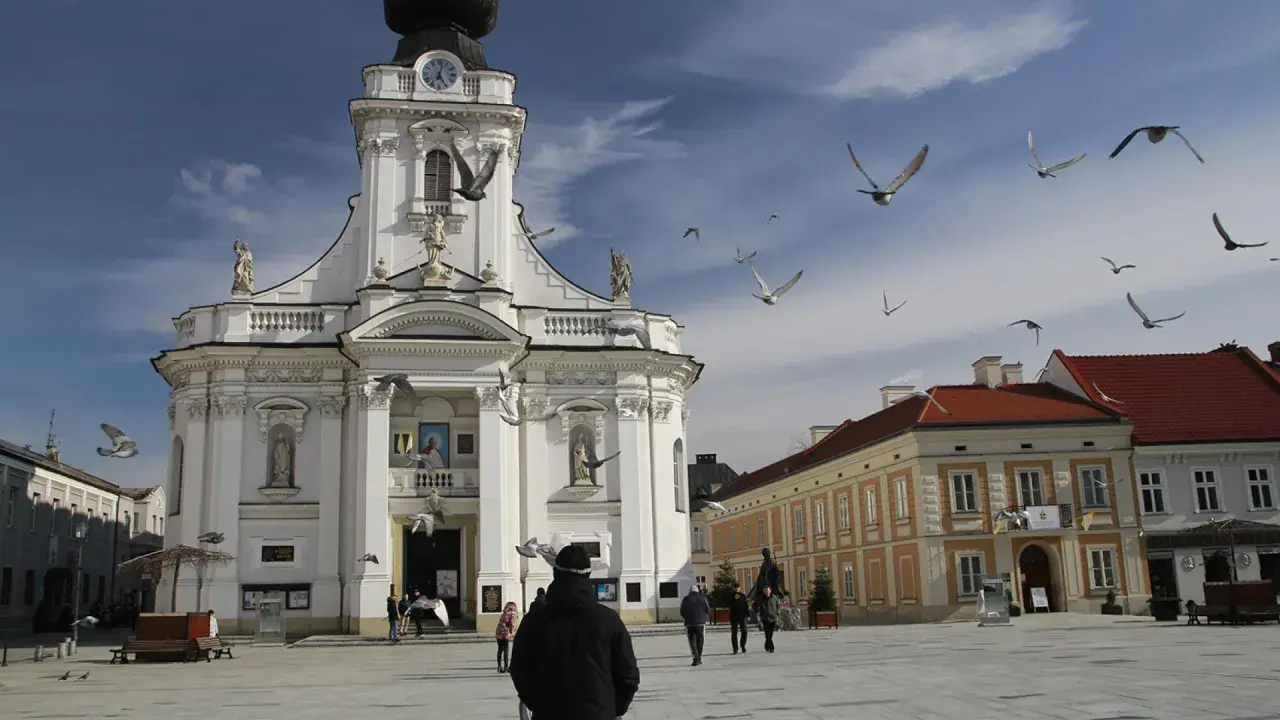 Wadowice atrakcje: plac z Bazyliką Ofiarowania NMP, nad którym krążą gołębie.