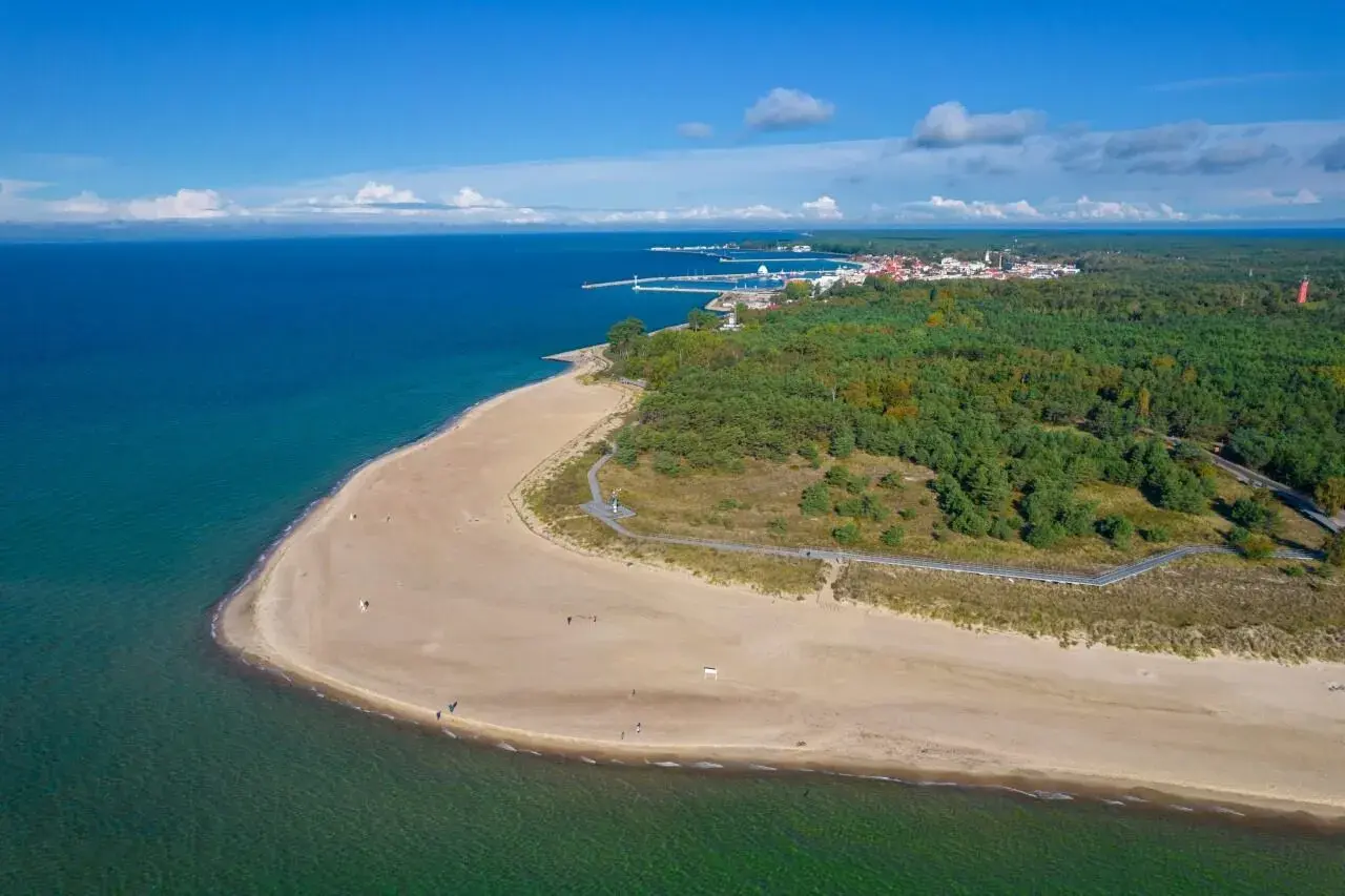 Piękna plaża i las na Helu. W oddali widać miasteczko i port. Idealne miejsce na wakacyjne atrakcje.