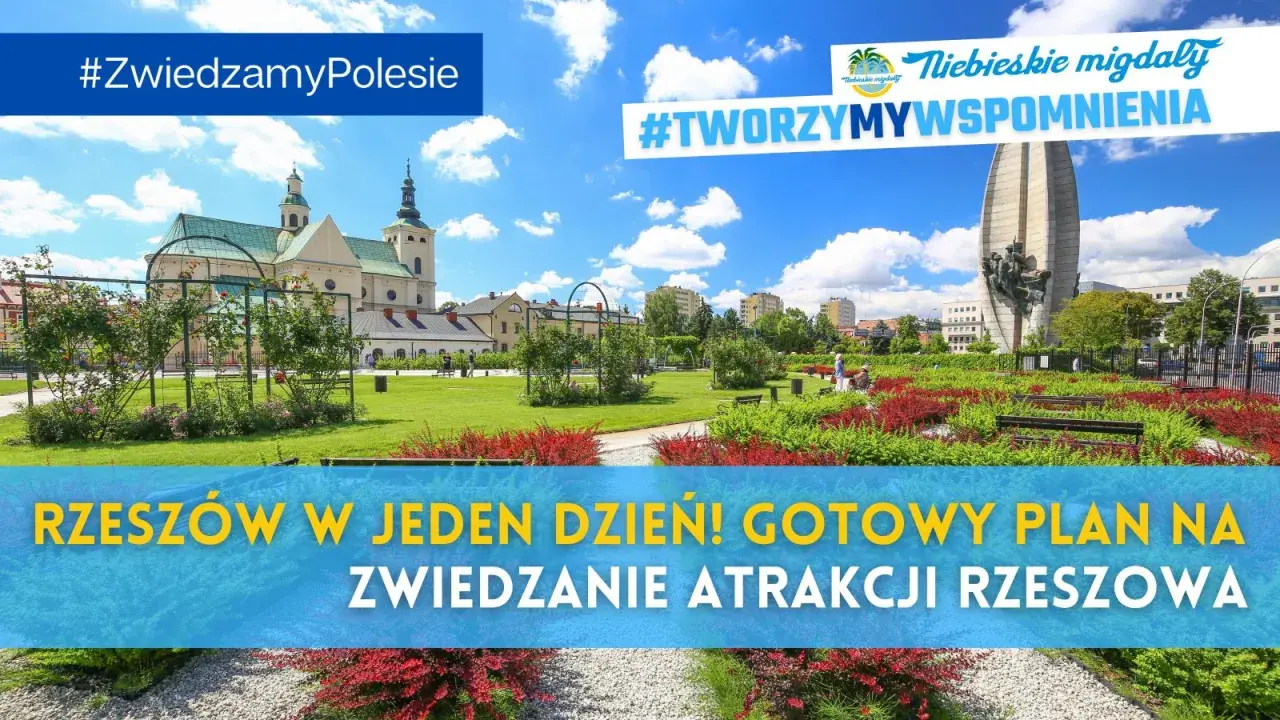 Rzeszów w jeden dzień! Gotowy plan na zwiedzanie atrakcji Rzeszowa. Park z pomnikiem i kościołem w tle.