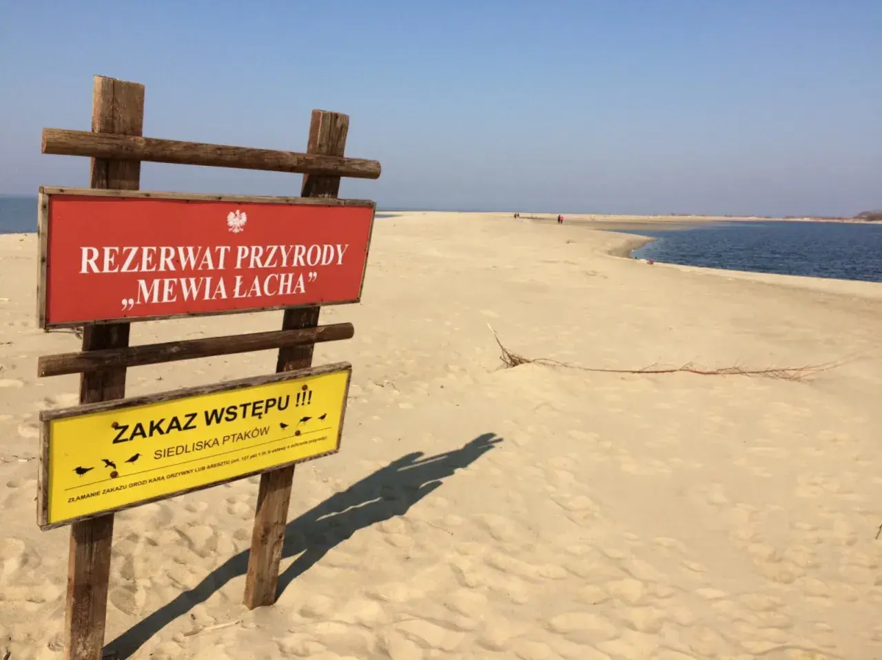 Wyspa Sobieszewska atrakcje: tablica informacyjna rezerwatu przyrody Mewia Łacha, zakaz wstępu dla ochrony ptaków.