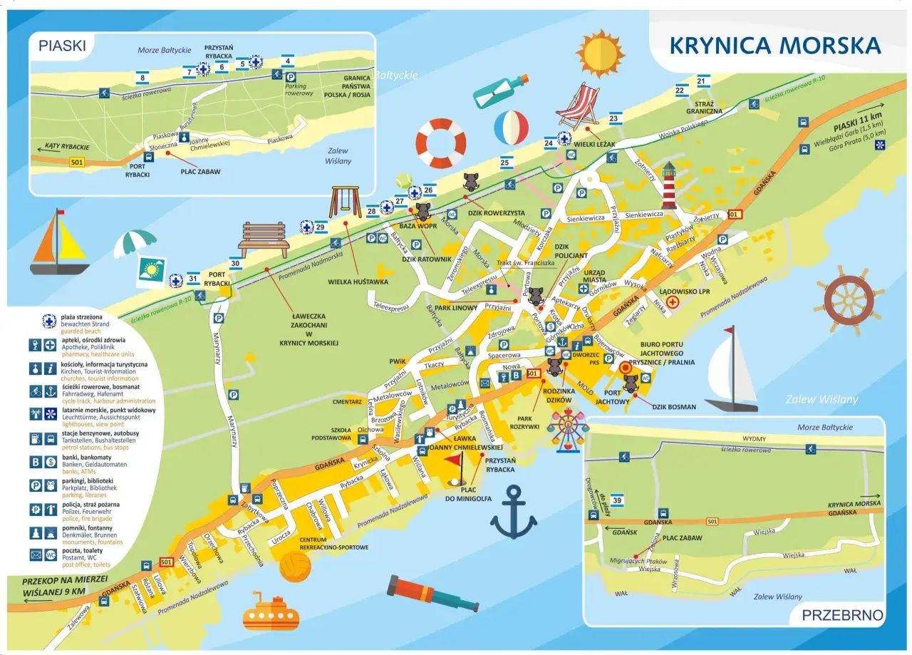 Mapa Krynicy Morskiej z zaznaczonymi atrakcjami: plaże, porty, parki, ścieżki rowerowe.