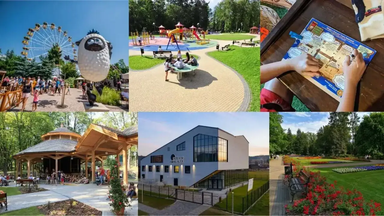 Rabka-Zdrój atrakcje: wesołe miasteczko, plac zabaw, teatr, park i drewniana altana.