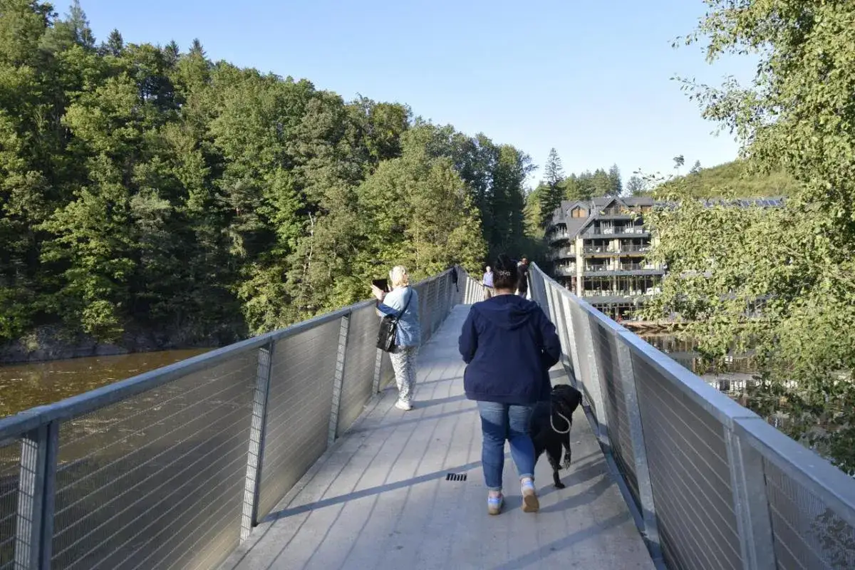Spacer po nowoczesnym sky bridge z psem i widokiem na las i hotel.