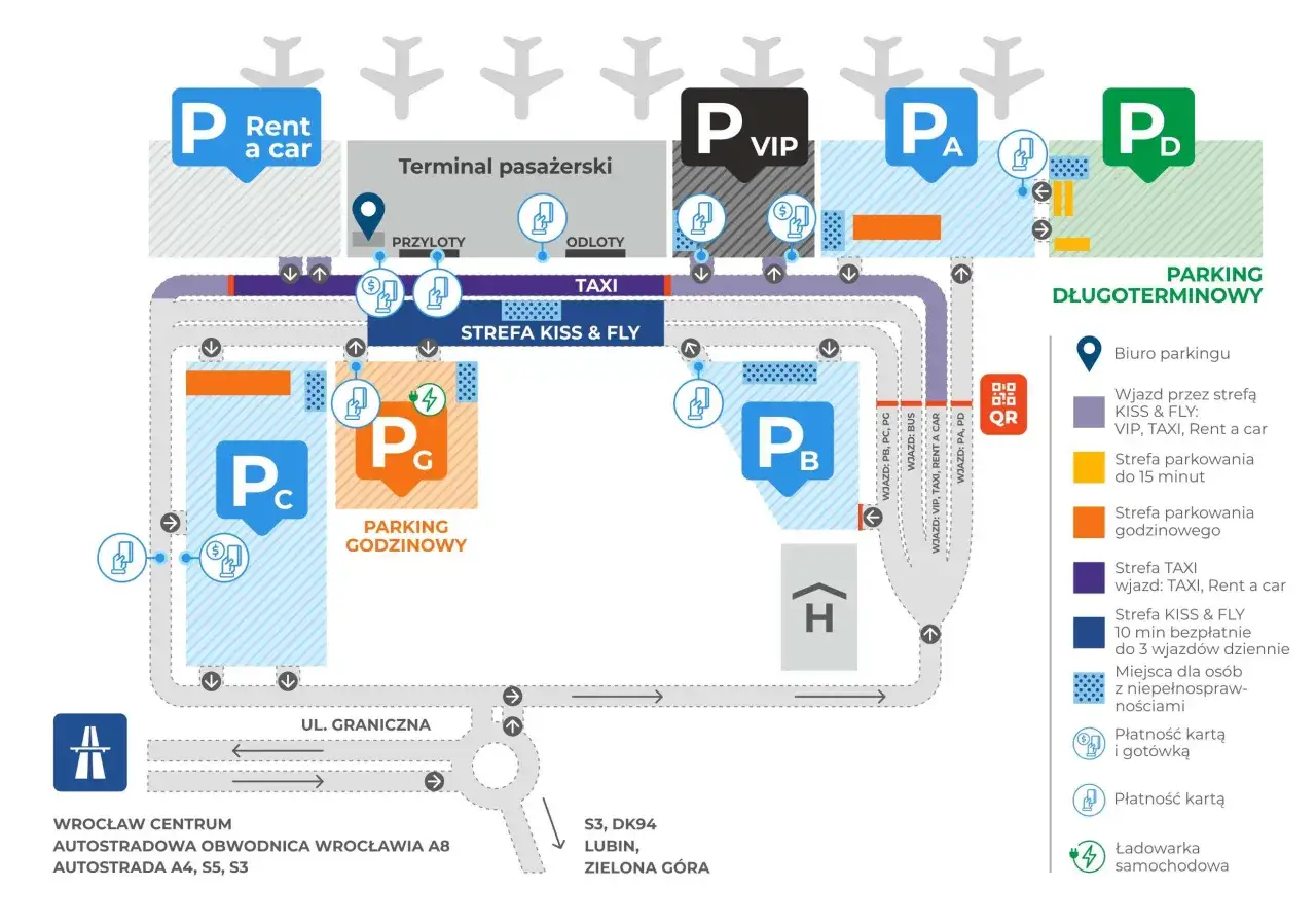 Mapa lotniska Wrocław. Znajdź tani parking lotnisko Wrocław, strefy VIP, TAXI, Kiss & Fly, parkingi godzinowe i długoterminowe.