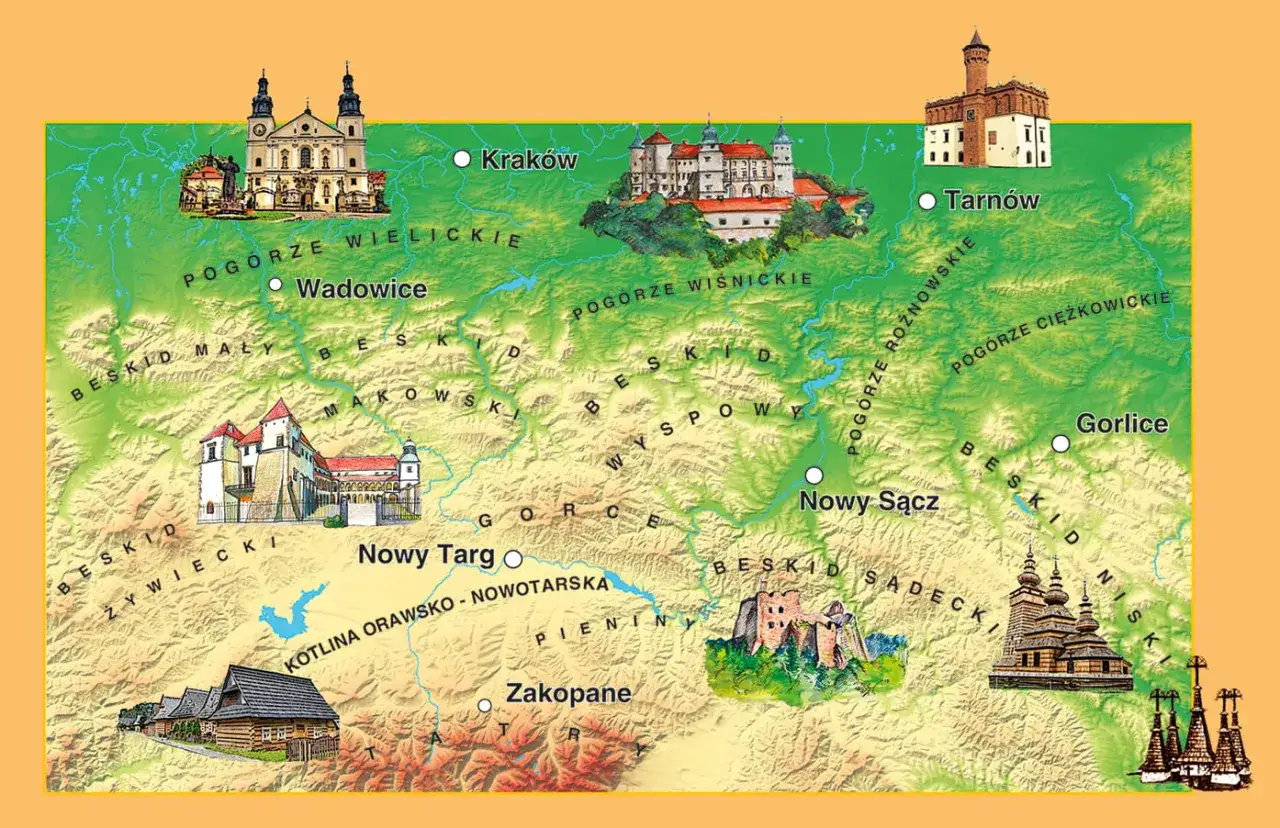 Mapa Małopolski z zaznaczonymi atrakcjami: zamki, kościoły, miasta. Odkryj atrakcje Małopolska!