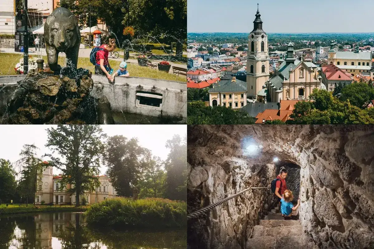 Dzieci bawią się przy fontannie z niedźwiedziem, widok na miasto z wieżą kościelną, pałac nad jeziorem i schody w jaskini. Warto przemyśl atrakcje!