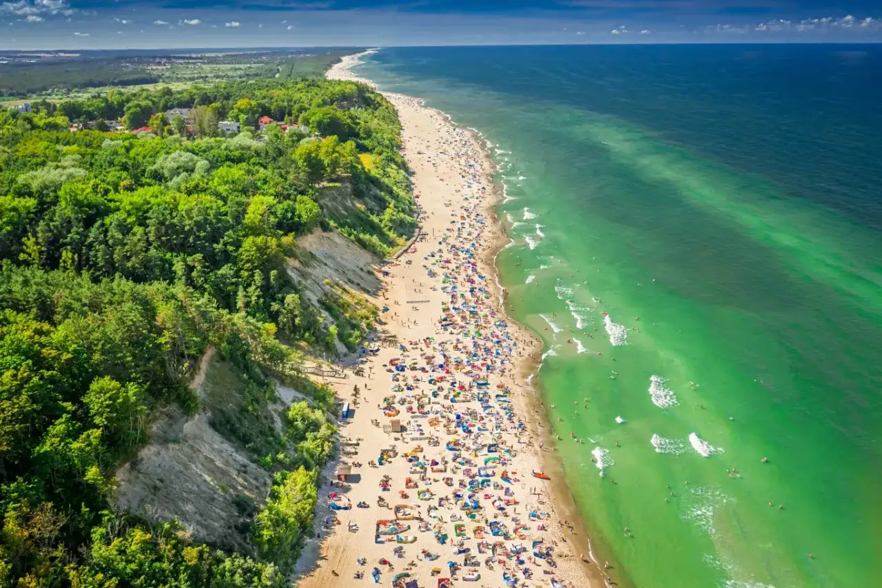 Tłum ludzi na piaszczystej plaży, otoczonej lasem, szuka odpowiedzi na pytanie: gdzie najtaniej nad morzem. Zielone morze faluje.