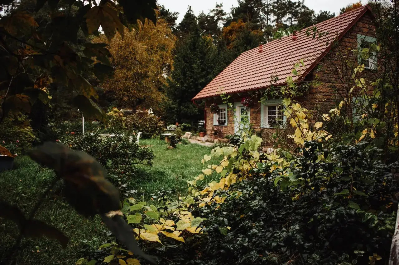 Urokliwy domek w otoczeniu zieleni, idealne miejsce na agroturystykę poznań. Jesienne liście dodają mu uroku.