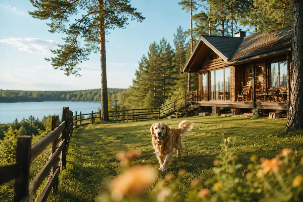 Złoty retriever biega po trawie przed drewnianym domkiem nad jeziorem. Idealne mazury z psem.