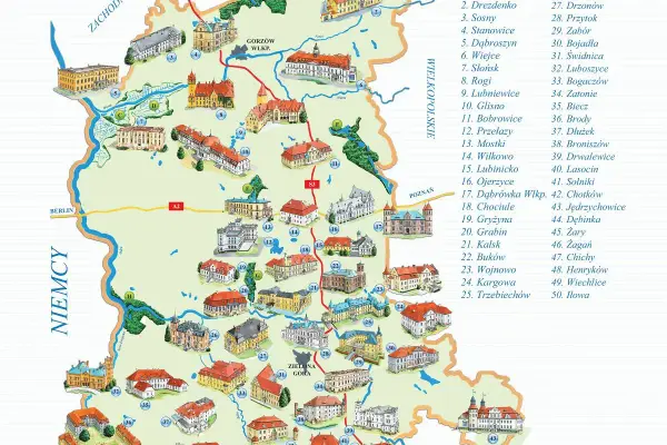 Mapa z zaznaczonymi zabytkami i atrakcjami turystycznymi. Wiele pięknych zamków lubuskich czeka na odkrycie.