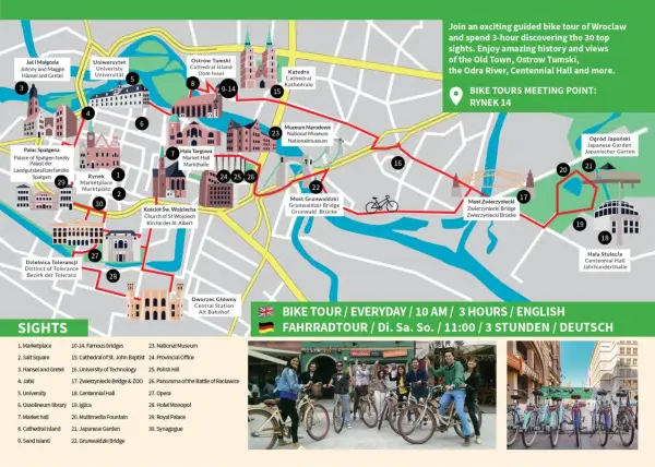 Mapa Wrocławia z zaznaczoną trasą rowerową. Idealna podpowiedź, co robić we Wrocławiu, by odkryć 30 atrakcji w 3 godziny.