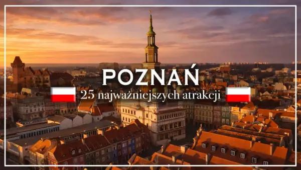Zachód słońca nad Poznaniem, gdzie zobaczyć 25 najważniejszych atrakcji. Widok na Stary Rynek i wieżę ratuszową.